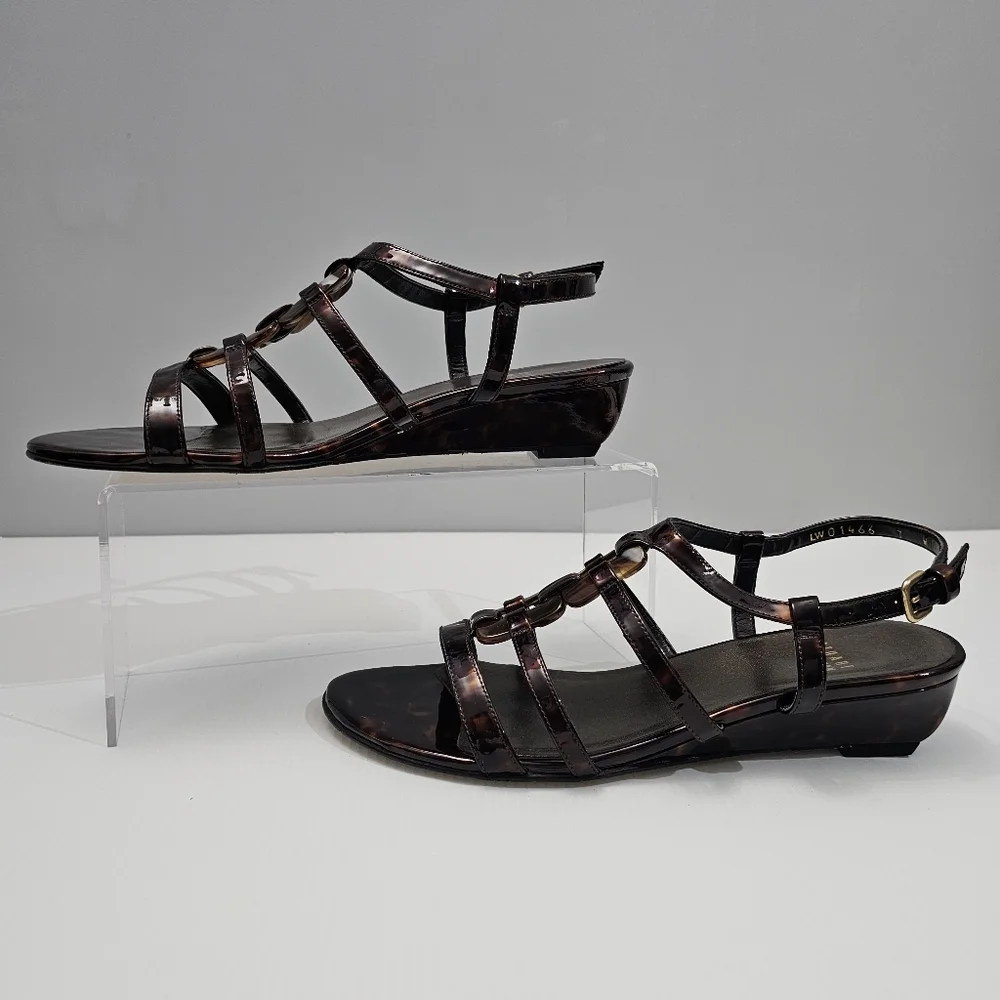 Stuart Weitzman Sandal Women 7 WIDE Tortoise Shell Brown Leather Strappy Wedge